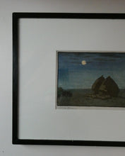 Load image into Gallery viewer, Scottish Colour Woodcut of Two Haystacks in the Moonlight by LCA Brown. Art Deco Print
