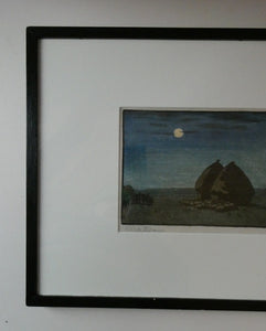 Scottish Colour Woodcut of Two Haystacks in the Moonlight by LCA Brown. Art Deco Print