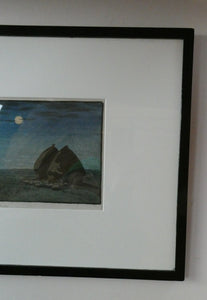 Original Art Deco Colour Woodcut by EC Austen-Brown. Hay Stacks in the Moonlight. Pencil Signed