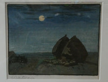 Load image into Gallery viewer, Original Art Deco Colour Woodcut by EC Austen-Brown. Hay Stacks in the Moonlight. Pencil Signed
