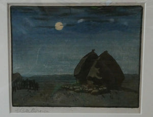 Original Art Deco Colour Woodcut by EC Austen-Brown. Hay Stacks in the Moonlight. Pencil Signed