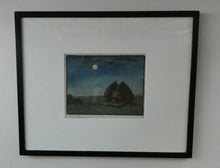 Load image into Gallery viewer, Original Art Deco Colour Woodcut by EC Austen-Brown. Hay Stacks in the Moonlight. Pencil Signed
