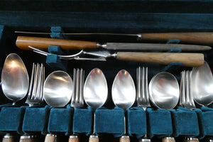 1960s Mills Moore Walnut and Steel Cutlery Canteen. Original Box. Sheffield
