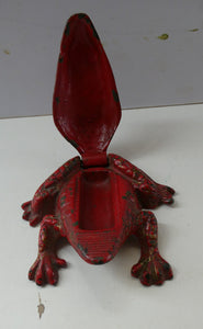 Antique Cast Iron Toad Match Safe or Vesta - with Original Red Paint & Registration Mark 