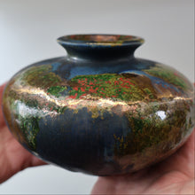 Load image into Gallery viewer, STUDIO POTTERY. Collectable 1980s Squat Vase with Stunning Lustre Glazes by Tony Laverick (b.1961). SIGNED
