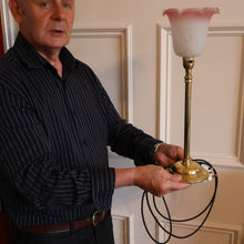 Load image into Gallery viewer, Stylish 1920s / 1930s Decorative Brass Table Lamp with Glass Shade. Re-wired
