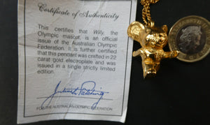 1980s Austriallian Team Official Mascot. Willy the Koala Gold Necklace