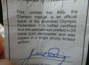 1980s Austriallian Team Official Mascot. Willy the Koala Gold Necklace