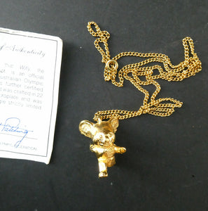 1980s OLYMPICS COLLECTABLE. 22 CT Gold Plated "Willy the Koala" Mascot Pendant and Chain