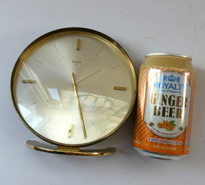 LARGE Vintage 1970s Gold Tone Round 8-Day Desk Clock with Alarm. SWISS MADE by Swiza