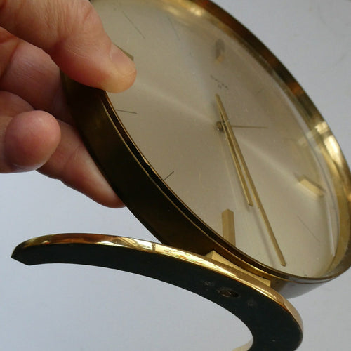 LARGE Vintage 1970s Gold Tone Round 8-Day Desk Clock with Alarm. SWISS MADE by Swiza