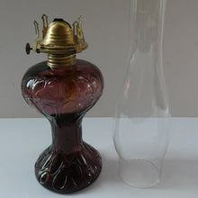 Load image into Gallery viewer, Antique Purple Glass Oil Lamp Complete. Possibly American. Signed MR
