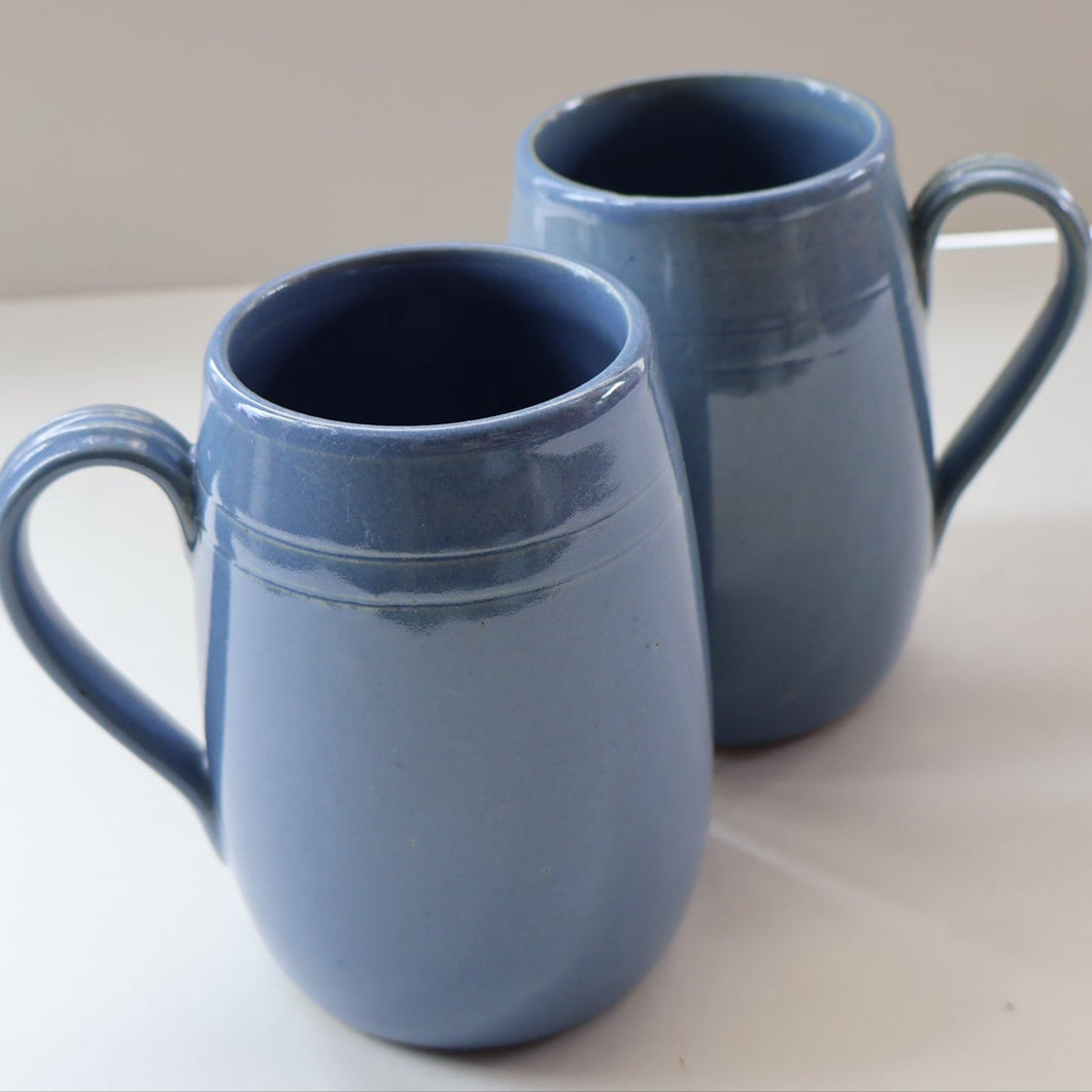 SCOTTISH POTTERY. PAIR of Large 1950s Buchan Plain French Blue Stoneware Tankard Shape Mugs. Each 5 inches in height