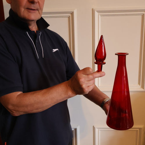 Ruby Red Glass GENIE Vase with Original Hollow Pointed Hand Blown Stopper 