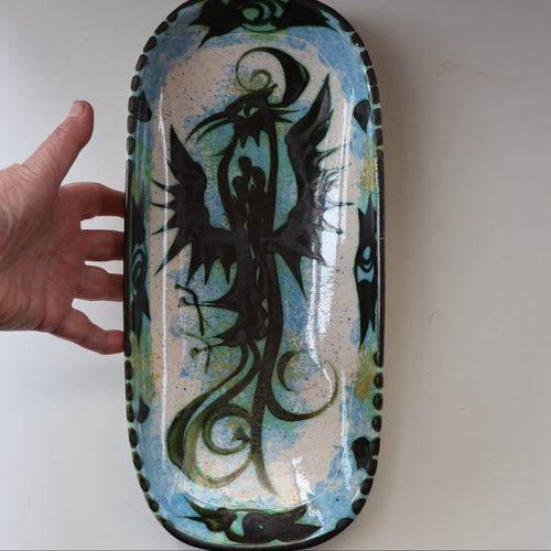 Collectable LARGE 1960s CORNISH Pottery Oblong Platter by Celtic Pottery (Newlyn) Phoenix Design. Height: 14 inches