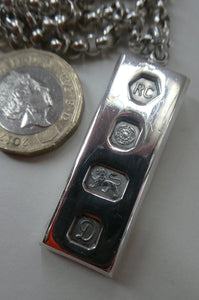 1970s Vintage "RC" Sterling Silver Ingot PENDANT & Heavy Rolo CHAIN. Hallmarked Sheffield 1978