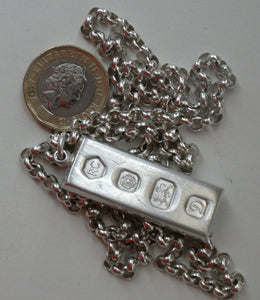 1970s Vintage "RC" Sterling Silver Ingot PENDANT & Heavy Rolo CHAIN. Hallmarked Sheffield 1978