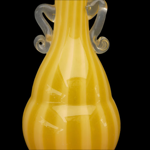 Vintage 1950s Italian / Murano Tall Glass Vase with Pale Yellow and Lemon Stripes. Height 10 inches