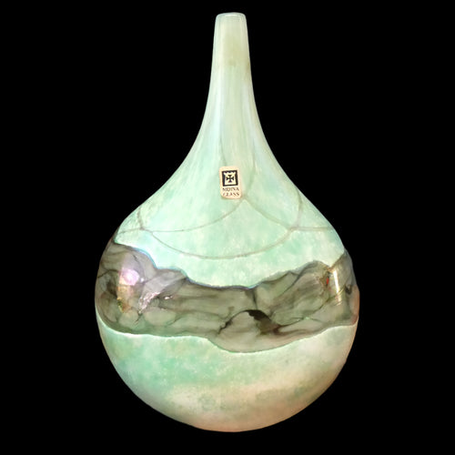 1980s Maltese Mdina Lollipop Vase. Cloudy Opaque Glass with Undulating Grey Band. Height: 8 inches