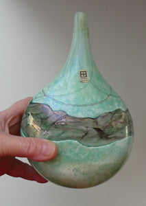 1980s Maltese Mdina Lollipop Vase. Cloudy Opaque Glass with Undulating Grey Band. Height: 8 inches