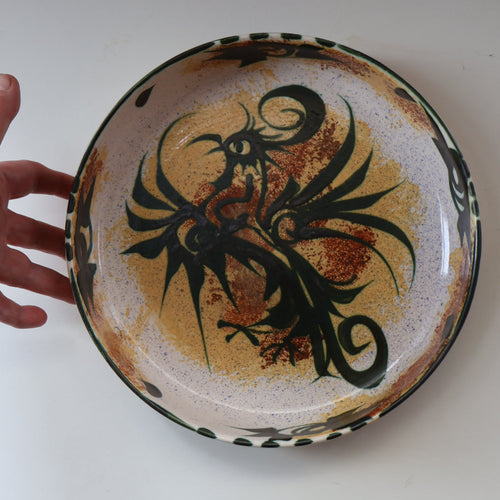 RARE LARGE 1960s CORNISH Pottery Round Shallow Bowl by Celtic Pottery (Newlyn) Phoenix Design. Diameter 10 1/2 inches