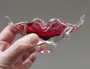 HOSPODKA Chribska. Fine MINIATURE 1960s Pink and Clear Cased Glass Bowl with Wing Details