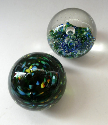 Pair of Early Scottish Selkirk Glass Paperweights Signed & with original labels