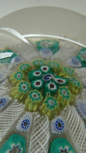Load image into Gallery viewer, Vintage Scottish Paperweight 1950s VASART GLASS. Lilac Ground with Nine Spokes and Millefiori Canes
