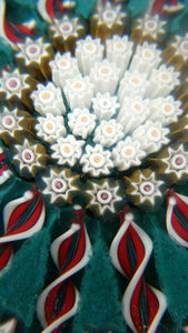 LARGE Vintage Scottish PERTHSHIRE Paperweight. Aqua Green Ground, 15 Spokes & Millefiori Canes. P Cane in Center
