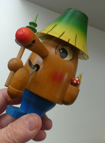 Vintage German Erzgebirge Wooden Handmade Incense Smoker: Strange Cartoon Woodsman with Christmas Tree