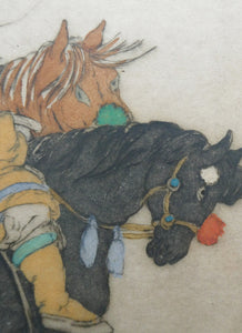 1930s Hand Coloured Etching by Elyse Lord. Chinese Warriors on Horseback