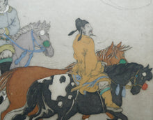 Load image into Gallery viewer, 1930s Hand Coloured Etching by Elyse Lord. Chinese Warriors on Horseback
