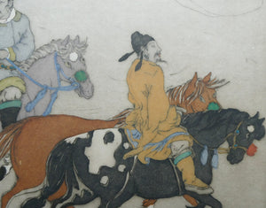 1930s Hand Coloured Etching by Elyse Lord. Chinese Warriors on Horseback