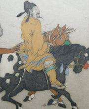 Load image into Gallery viewer, 1930s Hand Coloured Etching by Elyse Lord. Chinese Warriors on Horseback
