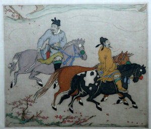 1930s Hand Coloured Etching by Elyse Lord. Chinese Warriors on Horseback