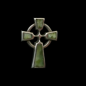 ANTIQUE Miniature CONNEMARA or IONA Marble and Sterling Silver Cross Brooch