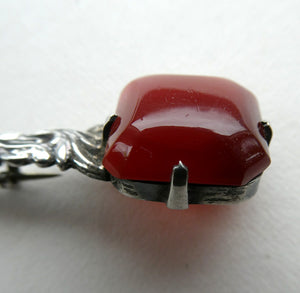 Unusual Long Shape. Vintage STERLING SILVER Bar Brooch with Two Red Agates