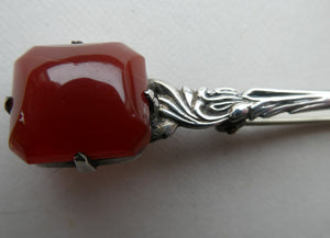 Unusual Long Shape. Vintage STERLING SILVER Bar Brooch with Two Red Agates