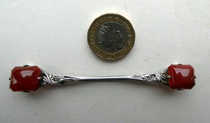 Unusual Long Shape. Vintage STERLING SILVER Bar Brooch with Two Red Agates