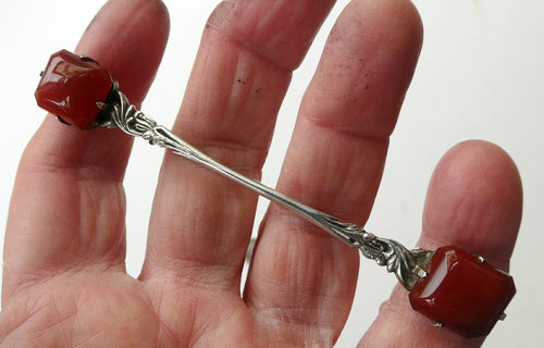 Unusual Long Shape. Vintage STERLING SILVER Bar Brooch with Two Red Agates