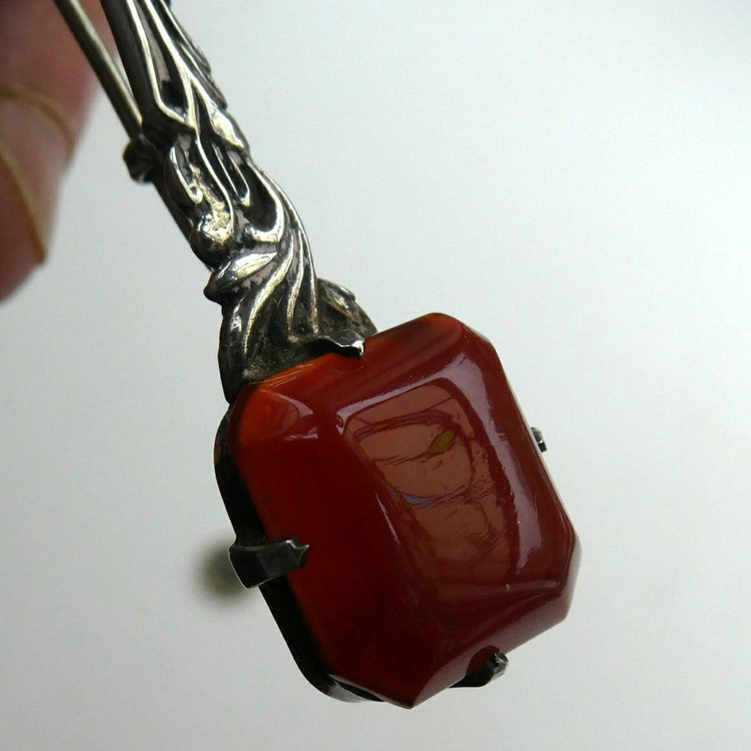Unusual Long Shape. Vintage STERLING SILVER Bar Brooch with Two Red Agates
