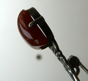 Unusual Long Shape. Vintage STERLING SILVER Bar Brooch with Two Red Agates