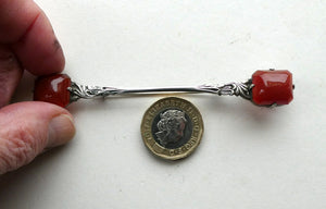 Unusual Long Shape. Vintage STERLING SILVER Bar Brooch with Two Red Agates