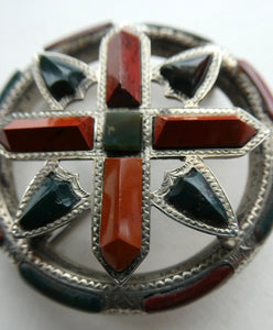 LARGE Antique SCOTTISH VICTORIAN SILVER & Agate Hardstone Brooch or Pin