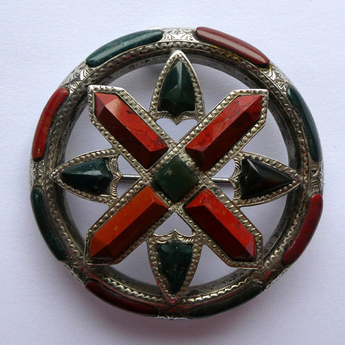 LARGE Antique SCOTTISH VICTORIAN SILVER & Agate Hardstone Brooch or Pin