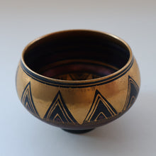 Load image into Gallery viewer, Cornish Studio Pottery. Small Black and Gold Lustre PORCELAIN Footed Bowl by Mary Rich (1940 - 2022)
