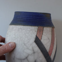 Load image into Gallery viewer, STUDIO POTTERY. David Howard Jones (b. 1953). 1980s Raku Vase with Crackle Glaze and Abstract Decoration
