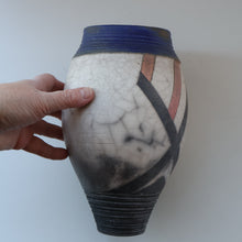 Load image into Gallery viewer, STUDIO POTTERY. David Howard Jones (b. 1953). 1980s Raku Vase with Crackle Glaze and Abstract Decoration
