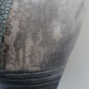 STUDIO POTTERY. David Howard Jones (b. 1953). 1980s Raku Vase with Crackle Glaze and Abstract Decoration