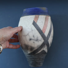 Load image into Gallery viewer, STUDIO POTTERY. David Howard Jones (b. 1953). 1980s Raku Vase with Crackle Glaze and Abstract Decoration
